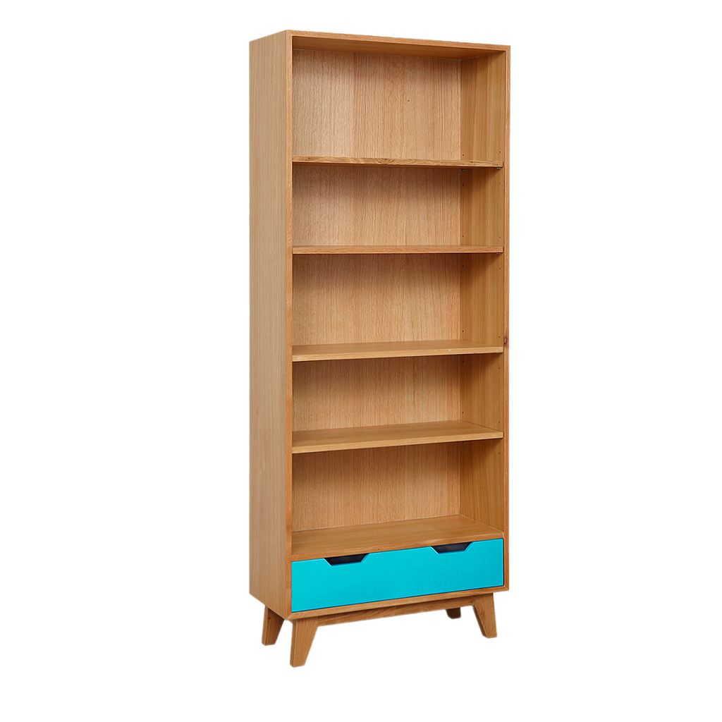 OSLO - Bookcase L75 x H188 - Natural oak and Water blue