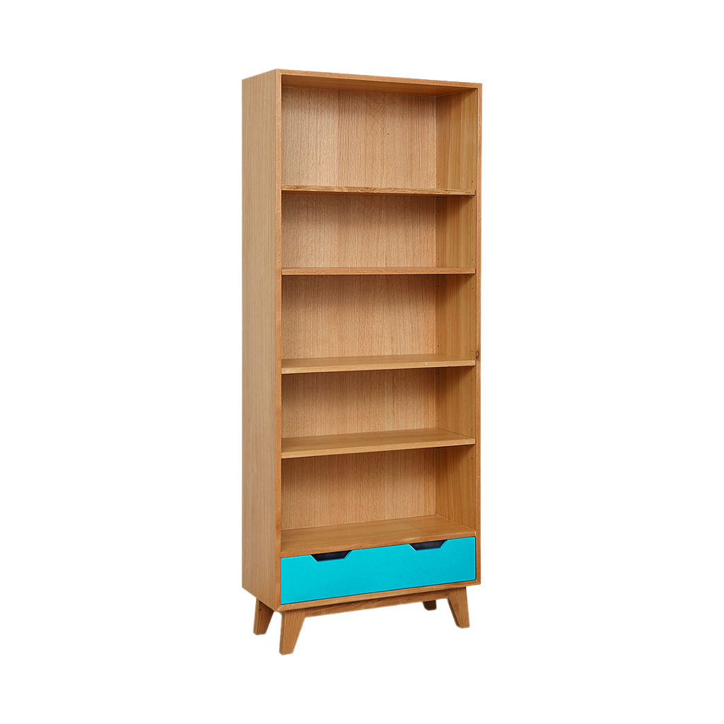 OSLO - Bookcase L75 x H188 - Natural oak and Water blue