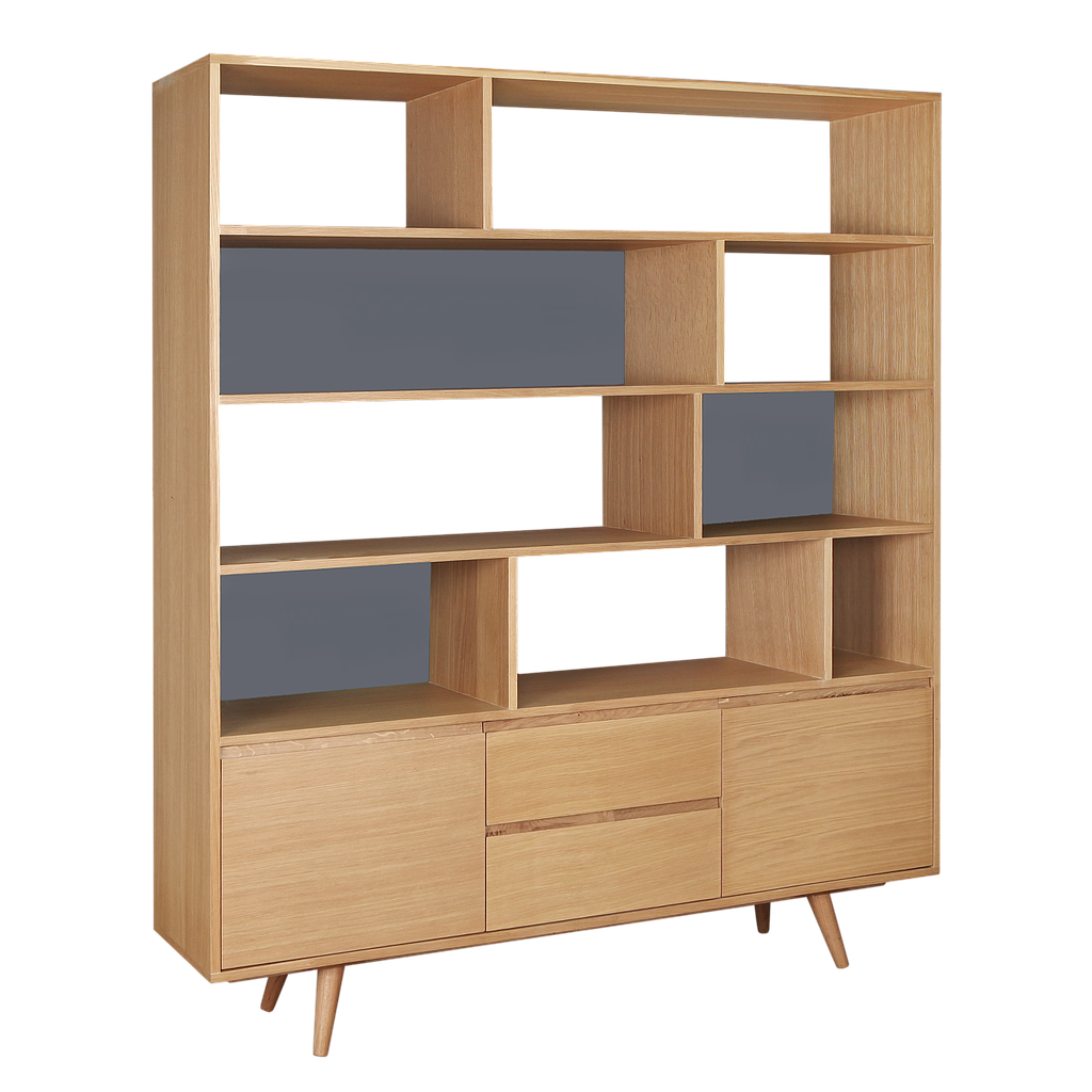 HELSINKI - Bookcase L155 x H190 - Natural oak and Pearl grey
