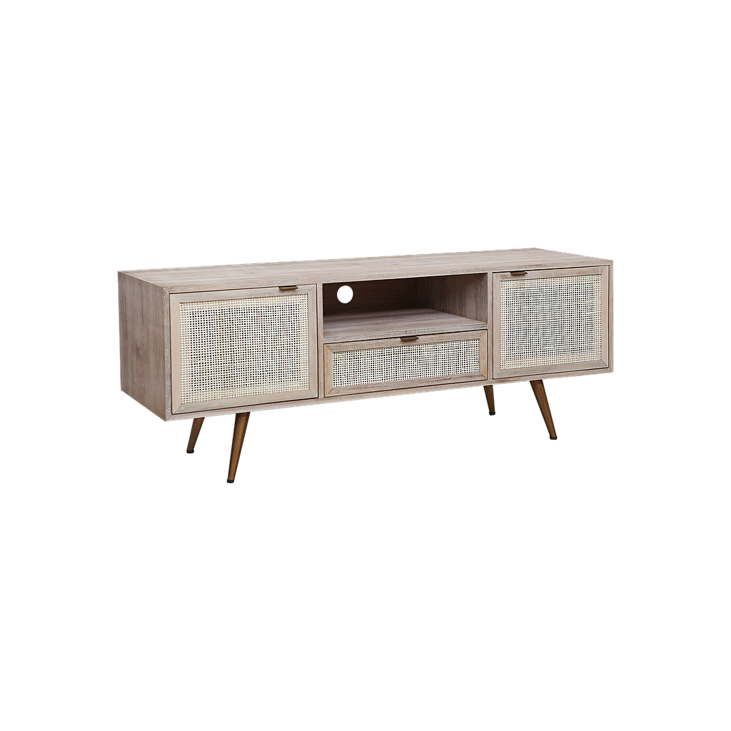 SPRING - TV Stand L140 - Whitened acacia, Natural cane and Vintage brass