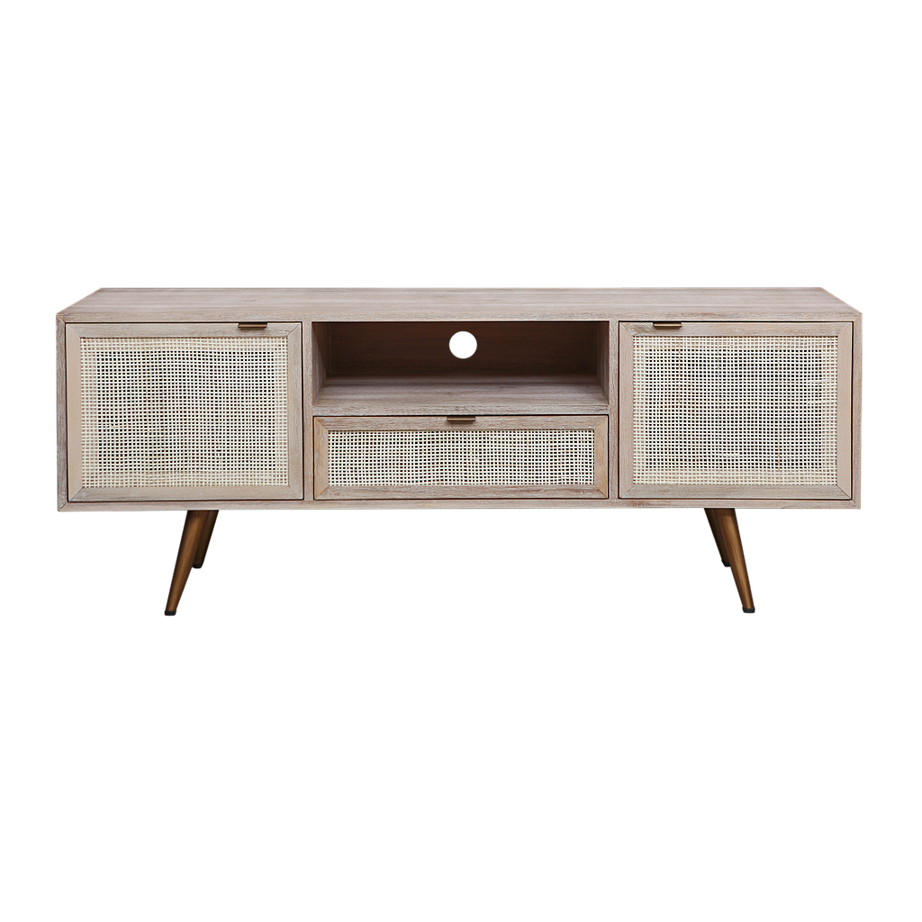 SPRING - TV Stand L140 - Whitened acacia, Natural cane and Vintage brass