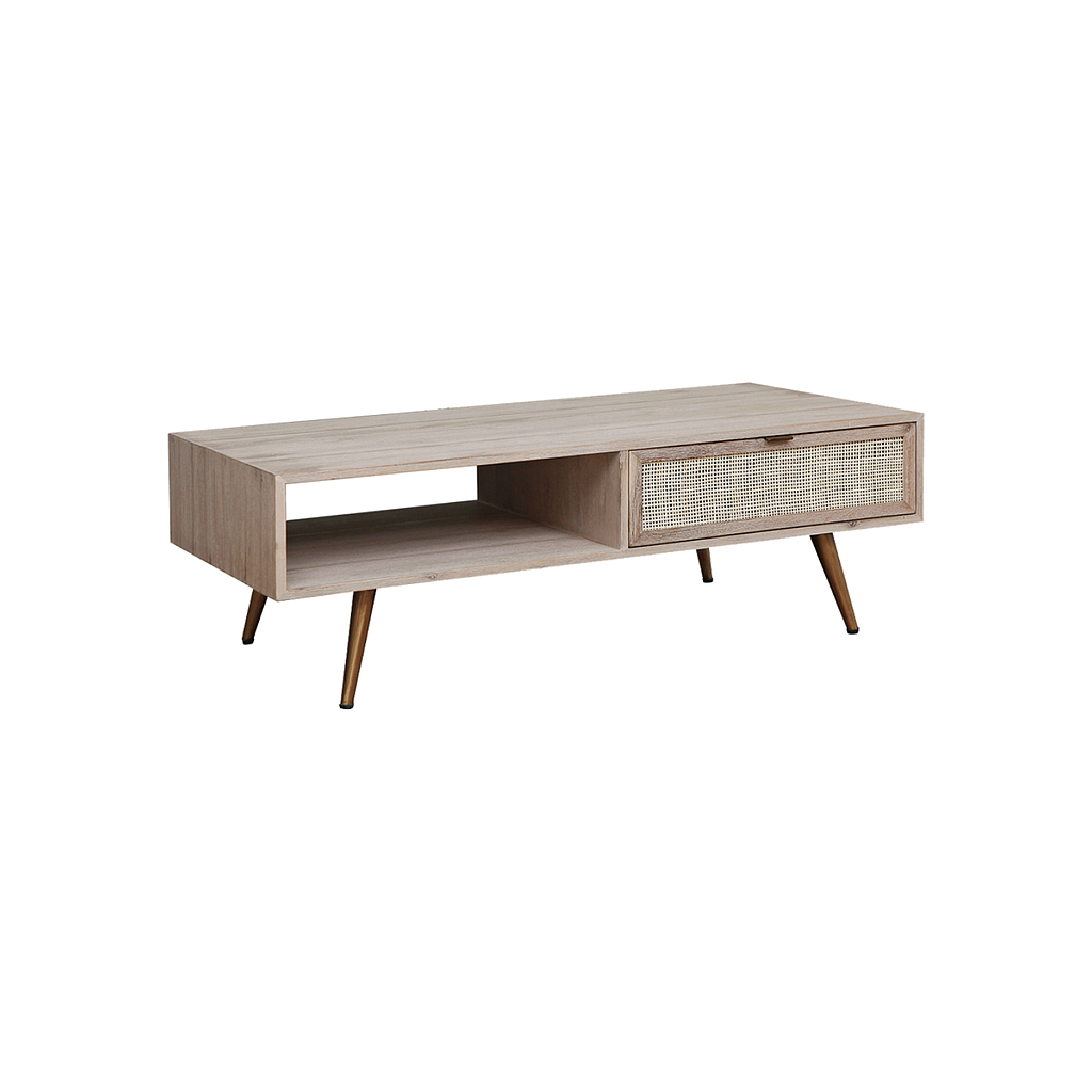 SPRING - Coffee table L120 x W60 - Whitened acacia, Natural cane and Vintage brass