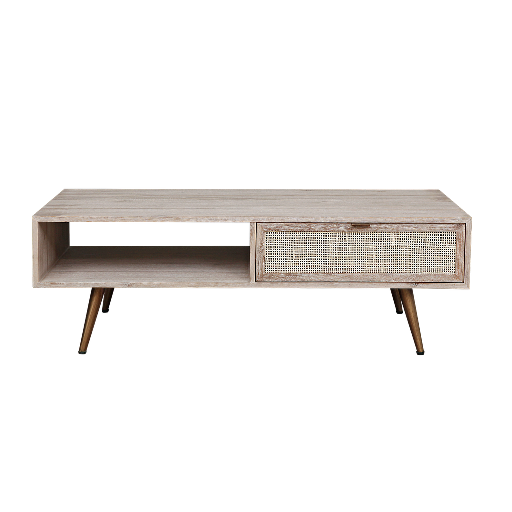 SPRING - Coffee table L120 x W60 - Whitened acacia, Natural cane and Vintage brass