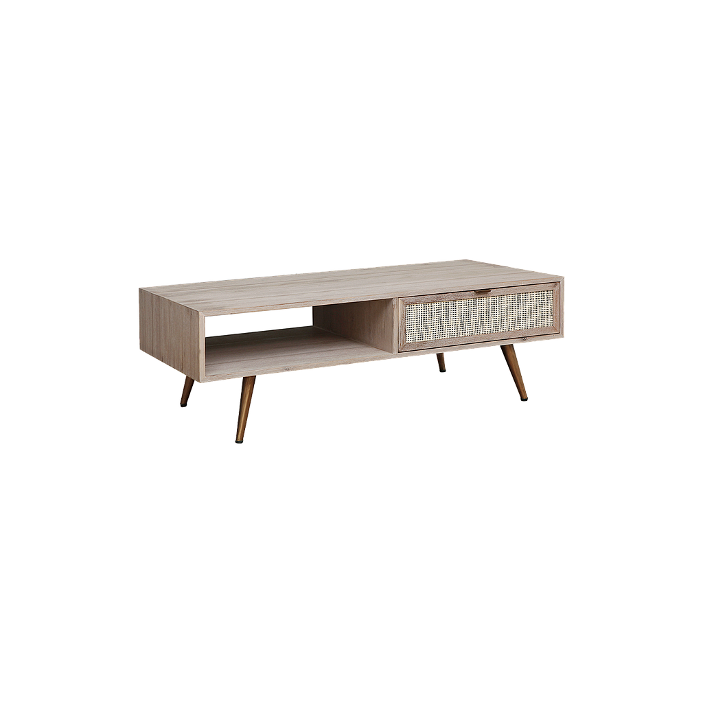 SPRING - Coffee table L120 x W60 - Whitened acacia, Natural cane and Vintage brass