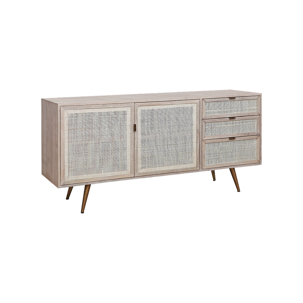 SPRING - Sideboard L155 - Whitened acacia, Natural cane and Vintage brass