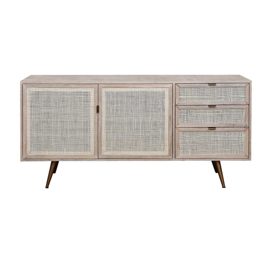 SPRING - Sideboard L155 - Whitened acacia, Natural cane and Vintage brass