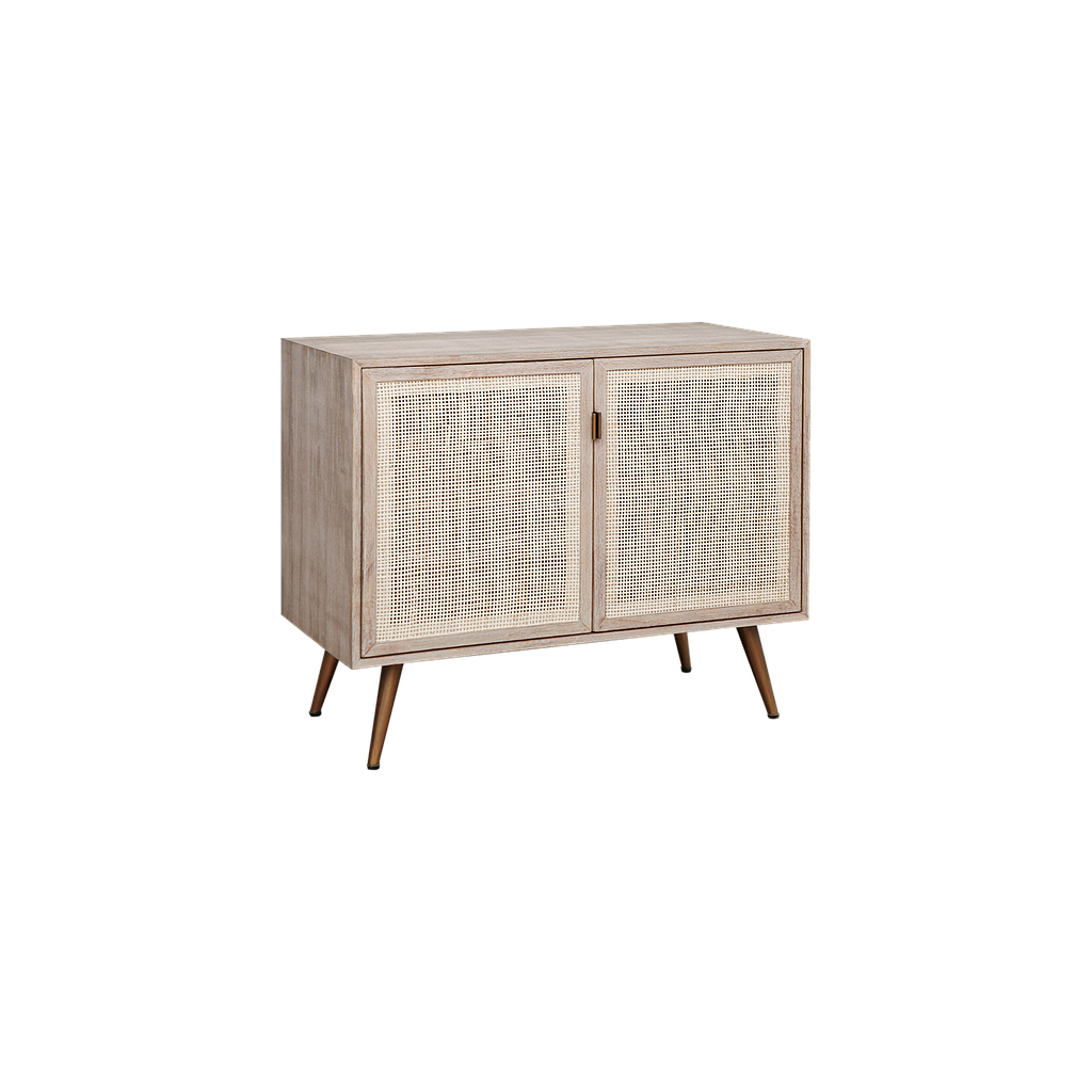SPRING - Sideboard L90 - Whitened acacia, Natural cane and Vintage brass