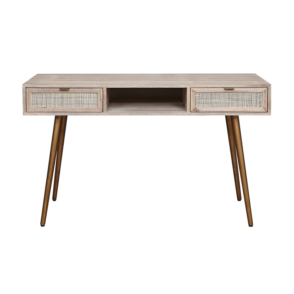 SPRING - Desk L125 - Whitened acacia, Natural cane and Vintage brass