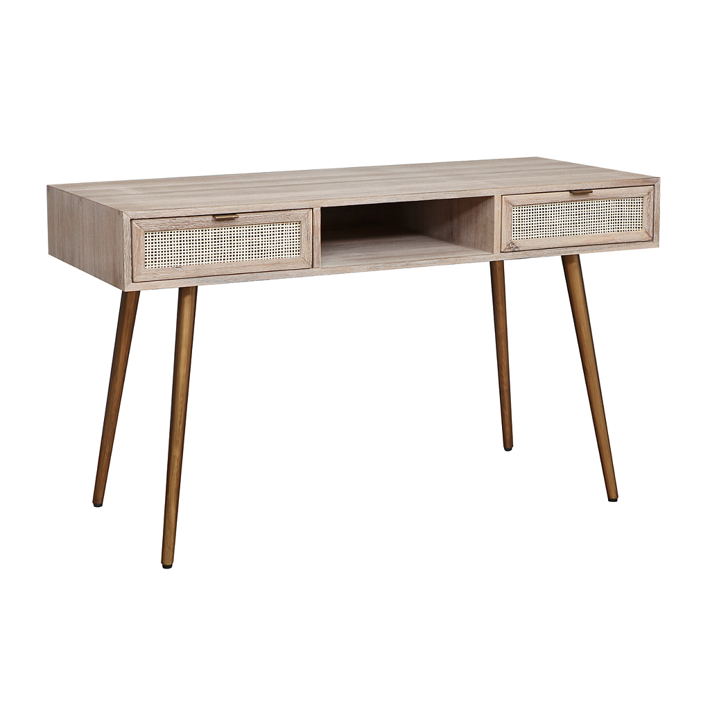 SPRING - Desk L125 - Whitened acacia, Natural cane and Vintage brass