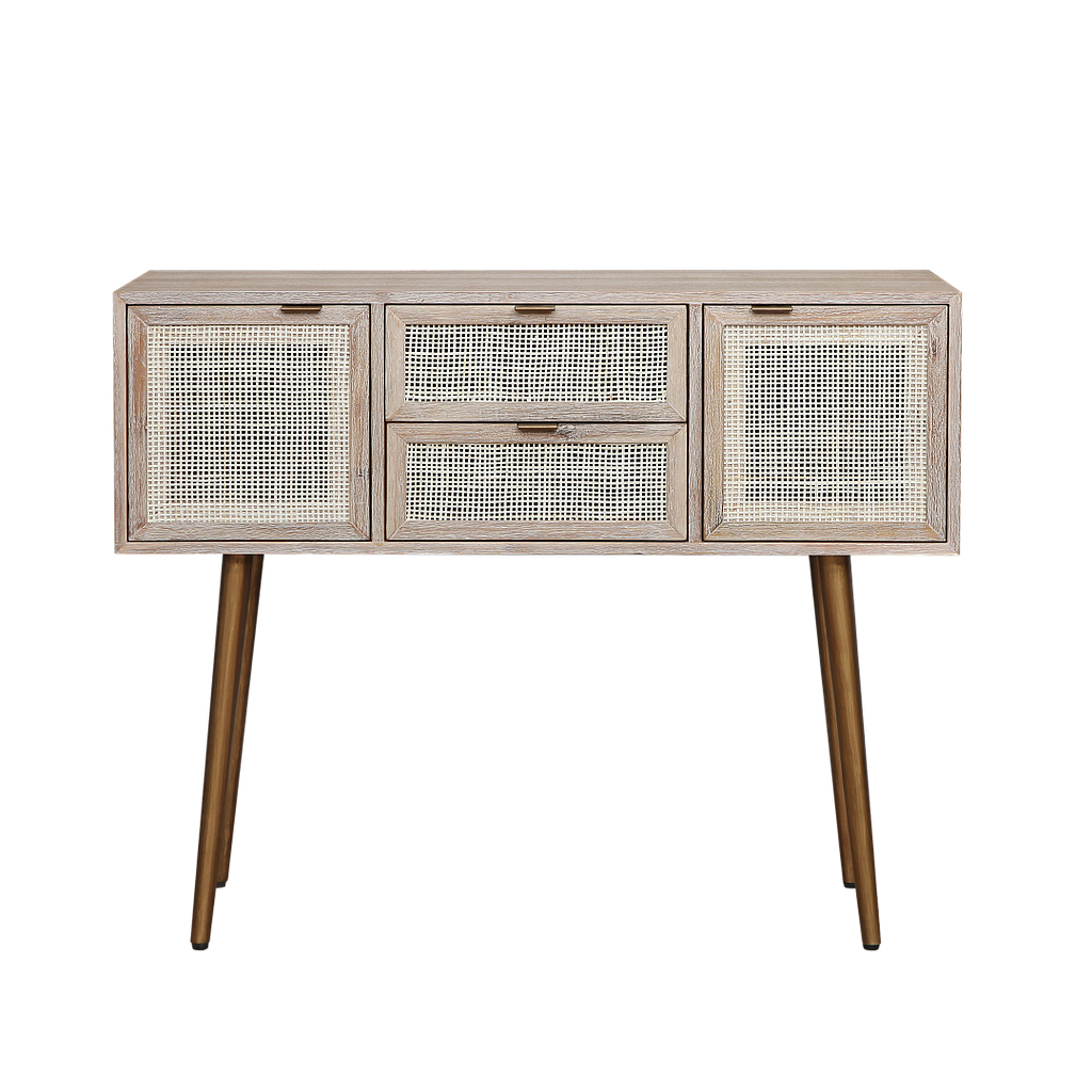 SPRING - Console table L105 - Whitened acacia, Natural cane and Vintage brass