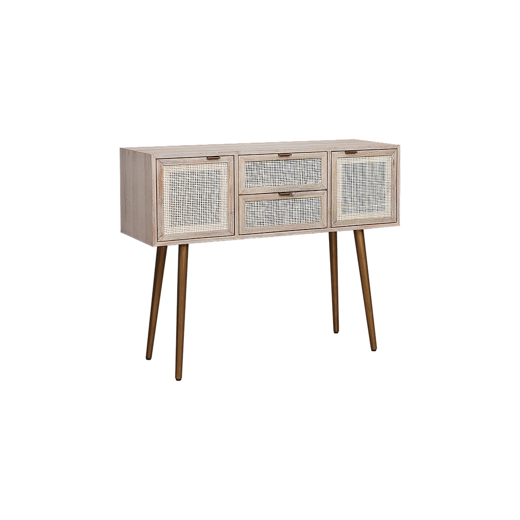 SPRING - Console table L105 - Whitened acacia, Natural cane and Vintage brass