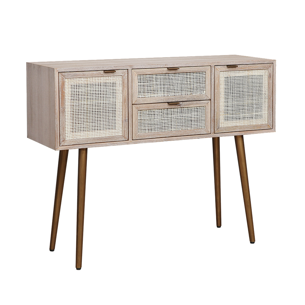 SPRING - Console table L105 - Whitened acacia, Natural cane and Vintage brass