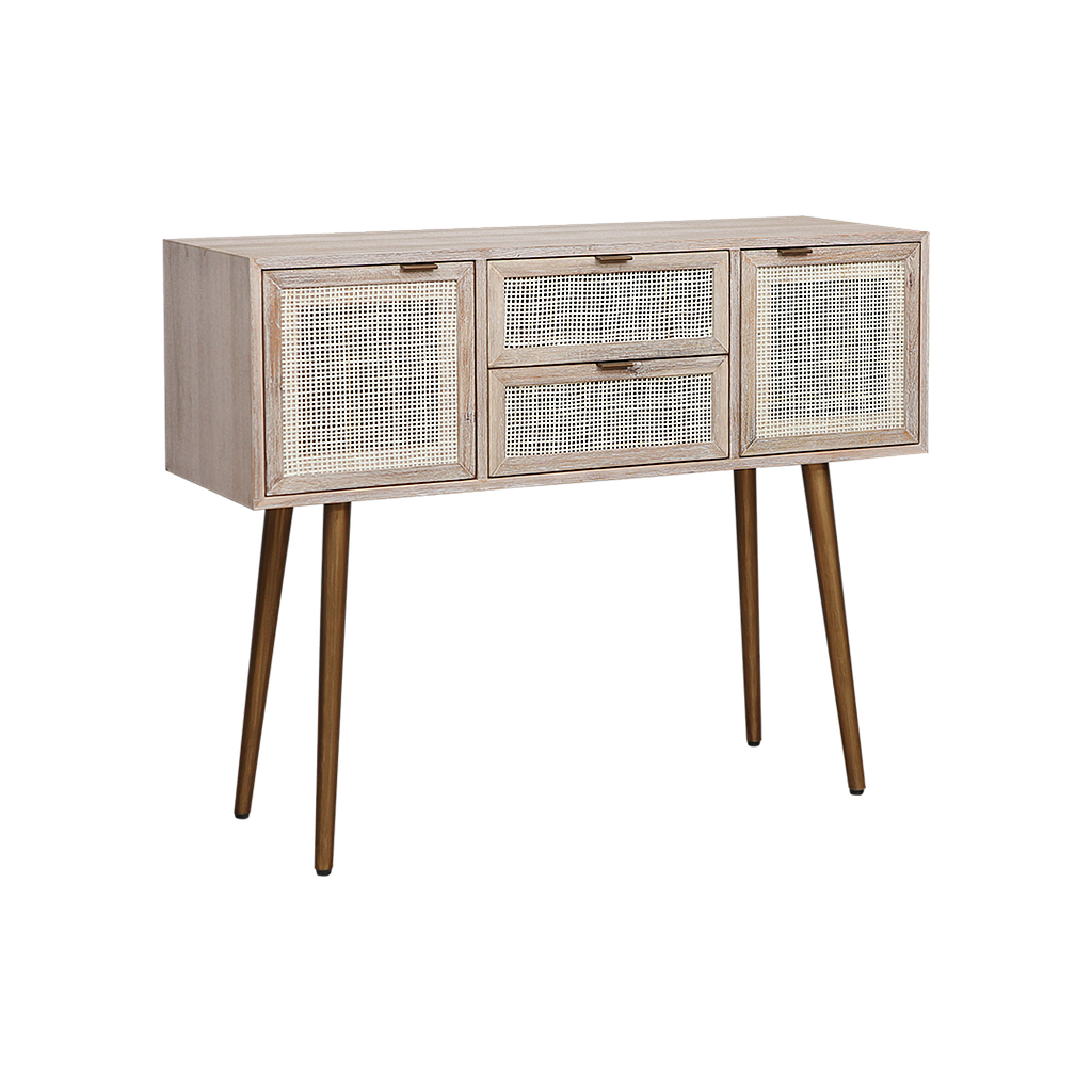 SPRING - Console table L105 - Whitened acacia, Natural cane and Vintage brass