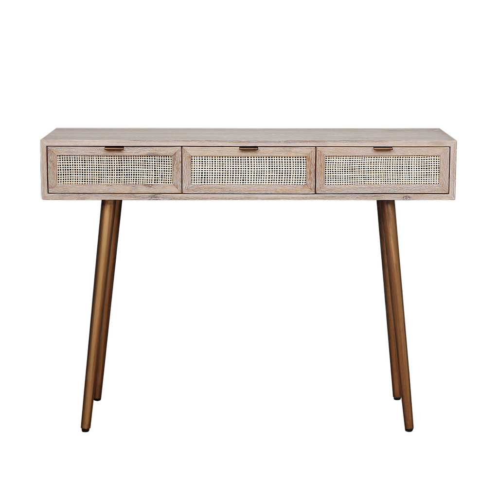 SPRING - Console table L110 - Whitened acacia, Natural cane and Vintage brass