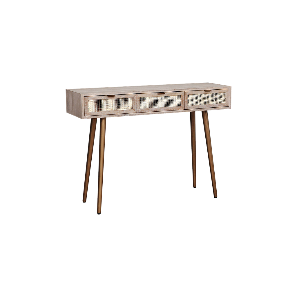 SPRING - Console table L110 - Whitened acacia, Natural cane and Vintage brass