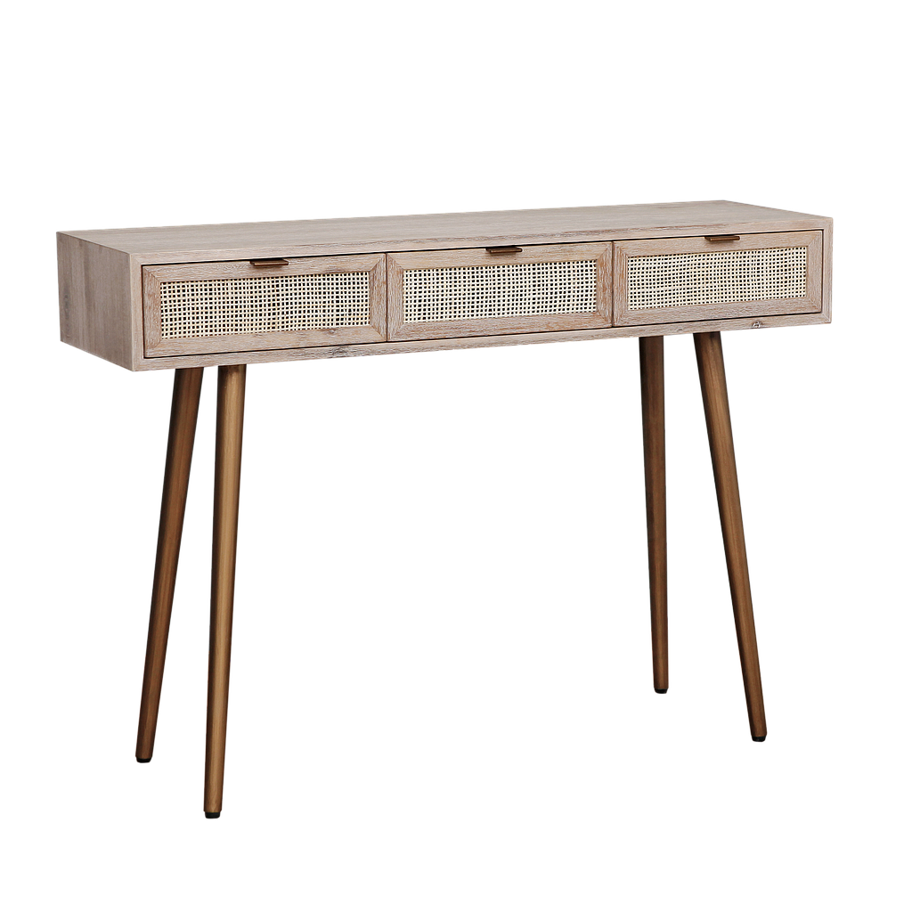 SPRING - Console table L110 - Whitened acacia, Natural cane and Vintage brass