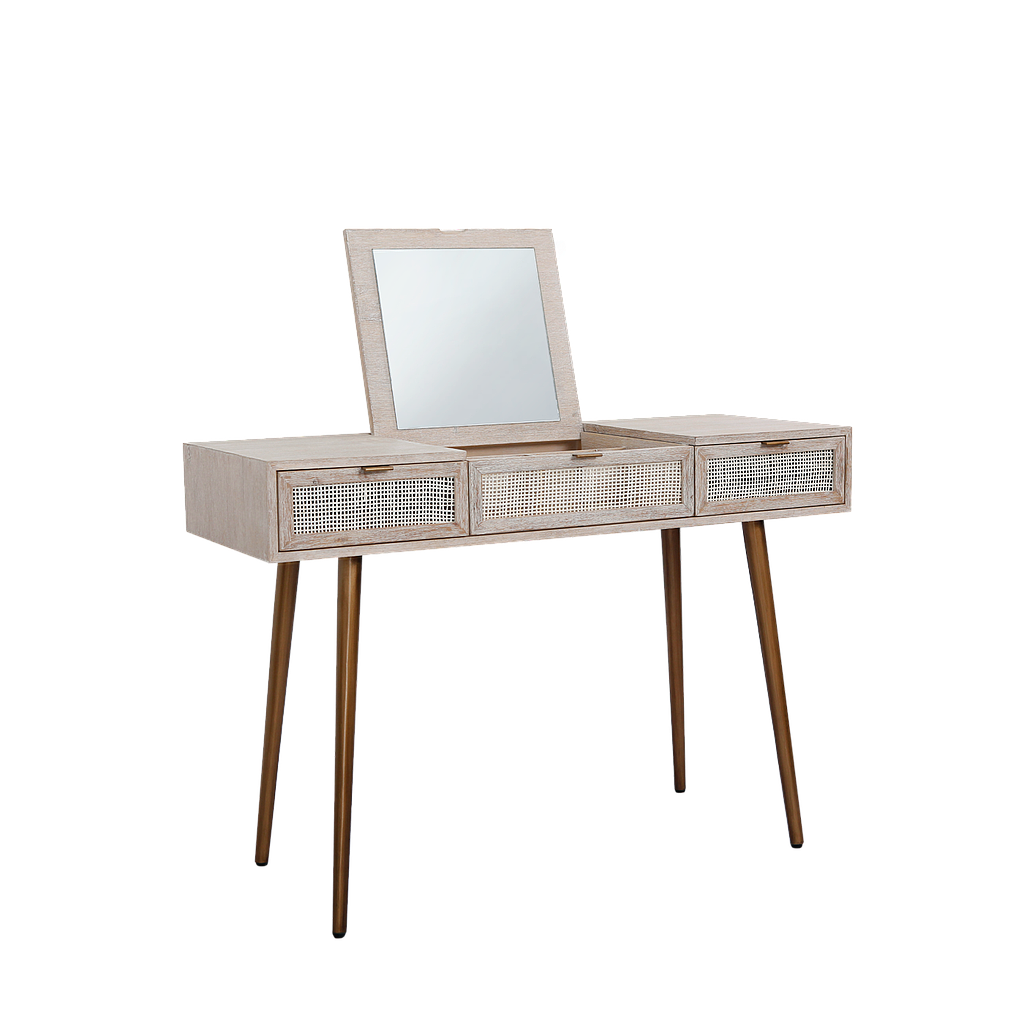 SPRING - Dressing table L115 x W45 - Whitened acacia, Natural cane Vintage brass