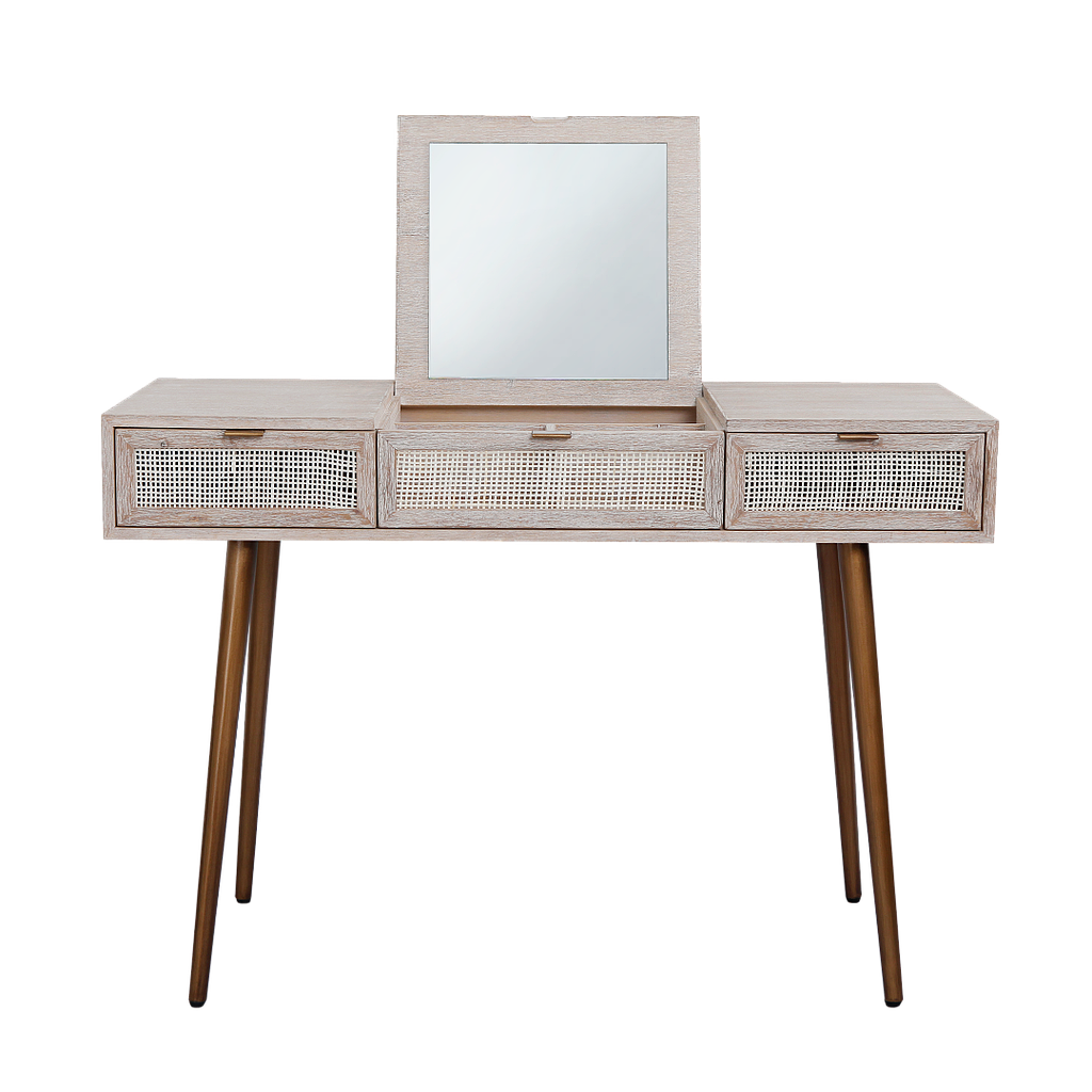 SPRING - Dressing table L115 - Whitened acacia, natural cane and metal legs
