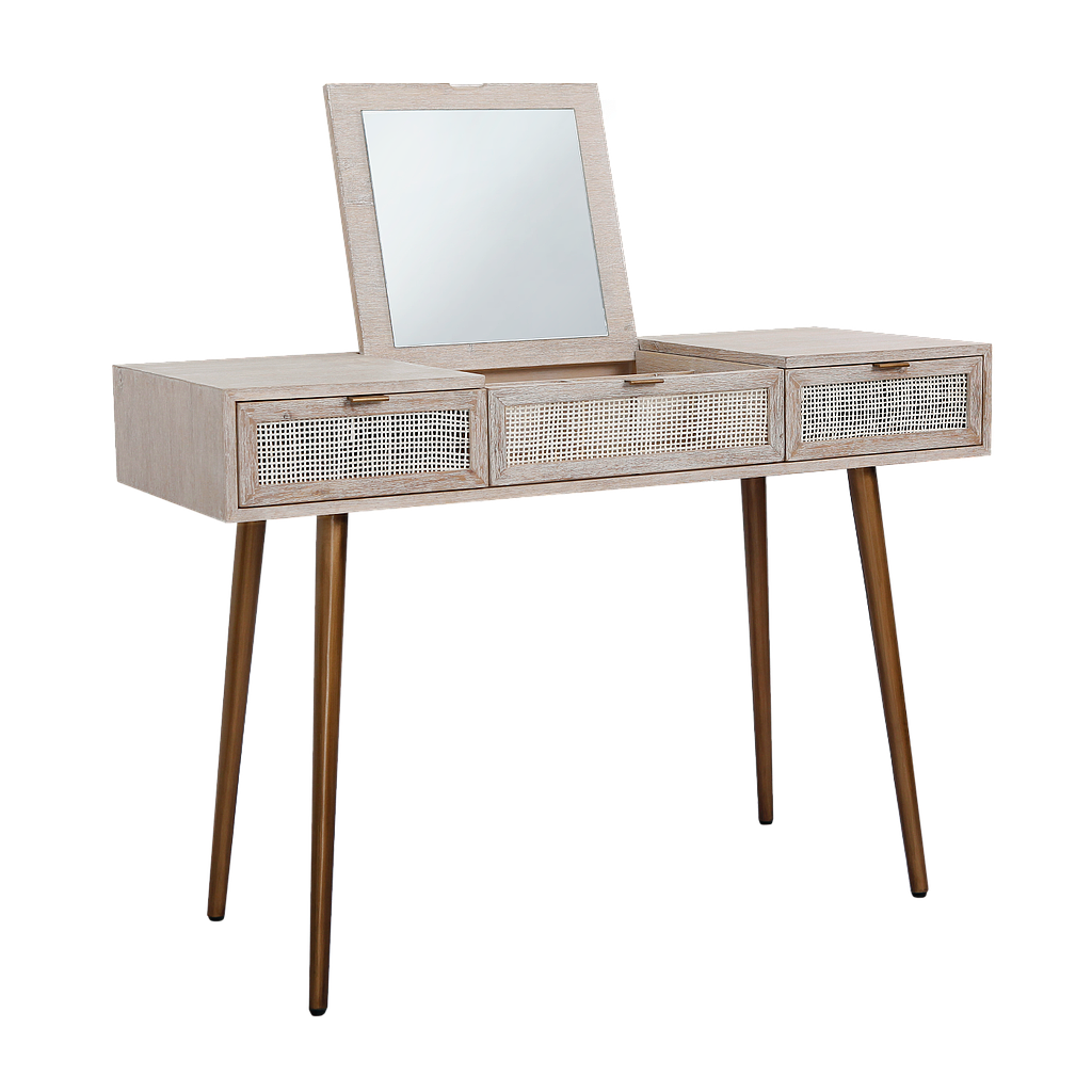 SPRING - Dressing table L115 x W45 - Whitened acacia, Natural cane Vintage brass