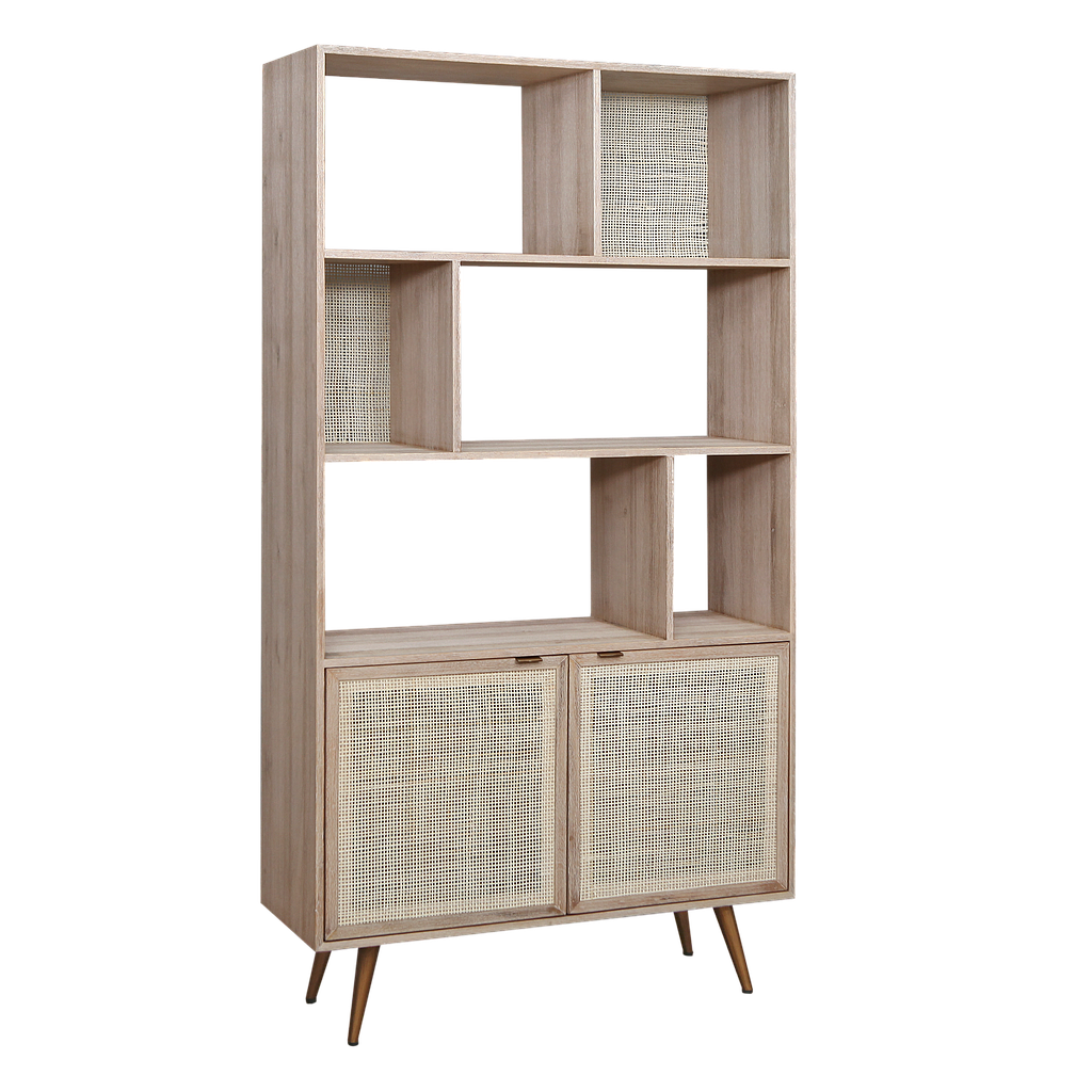 SPRING - Bookcase L100 x H190 - Whitened acacia, Natural cane and Vintage brass