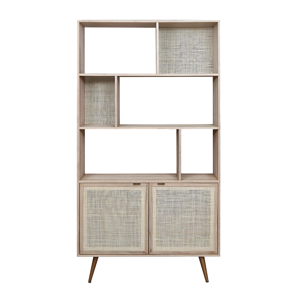 SPRING - Bookcase L100 x H190 - Whitened acacia, Natural cane and Vintage brass