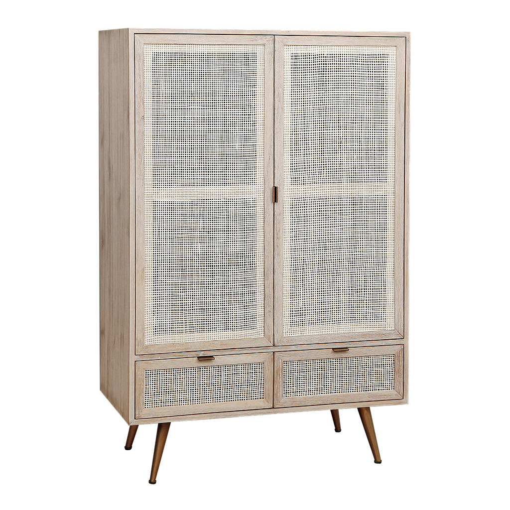 SPRING - Highboard L90 x H140 - Whitened acacia, Natural cane and Vintage brass
