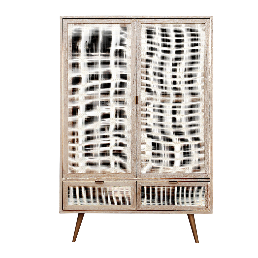 SPRING - Highboard L90 x H140 - Whitened acacia, Natural cane and Vintage brass