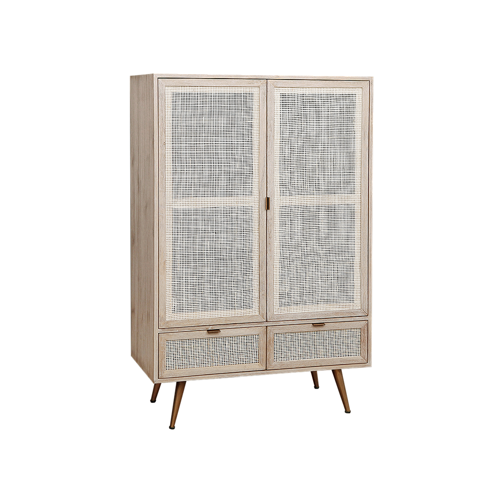 SPRING - Highboard L90 x H140 - Whitened acacia, Natural cane and Vintage brass