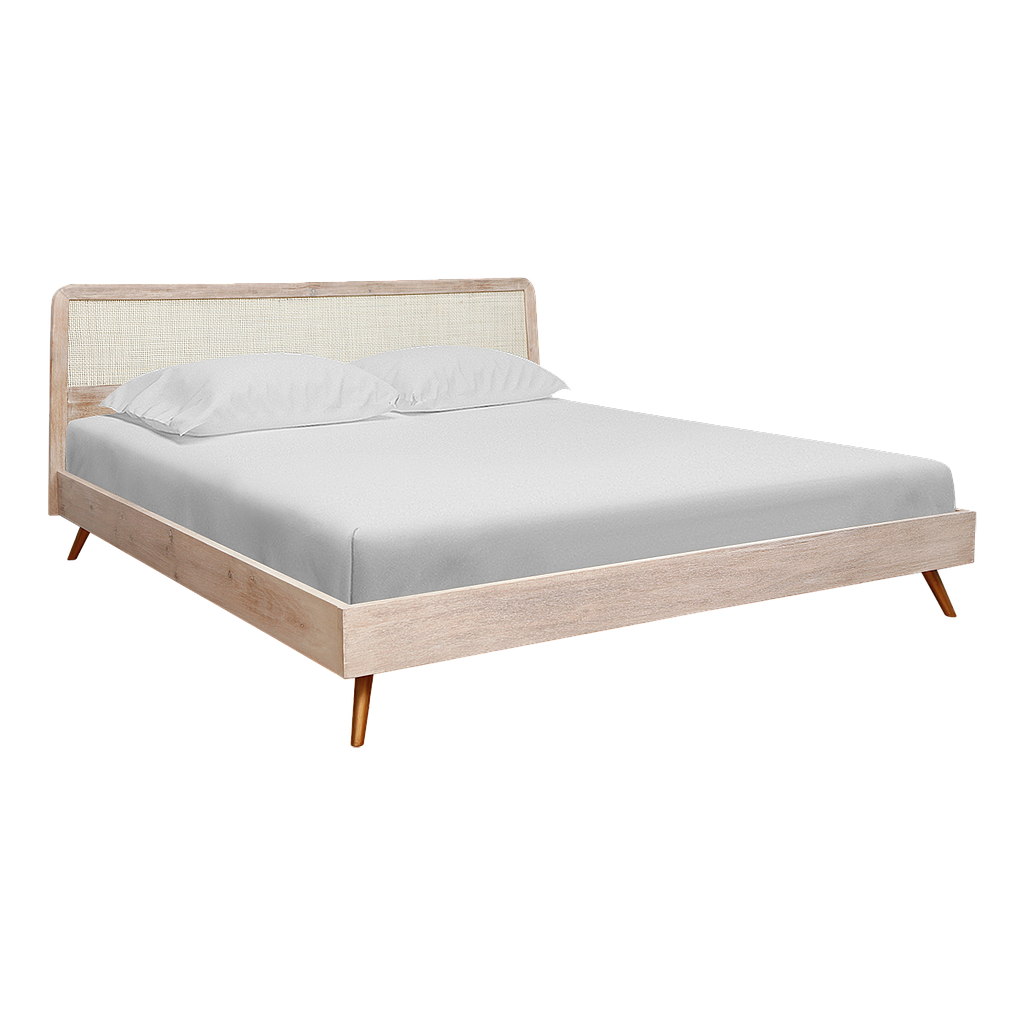 SPRING - King size bed (Mattress 180x200) - Whitened acacia, Natural cane and Vintage brass