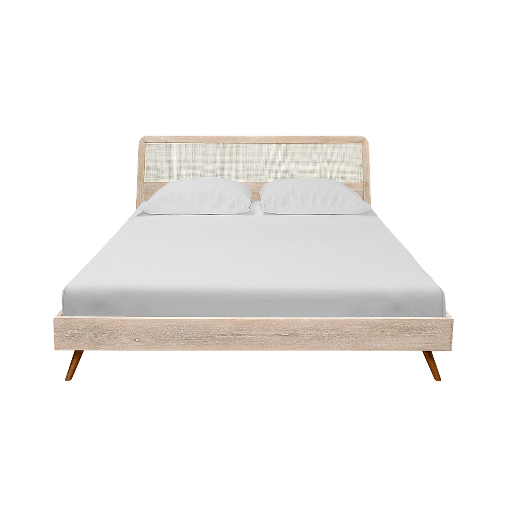 SPRING - Queen size bed 160x200 - Whitened acacia and Natural cane