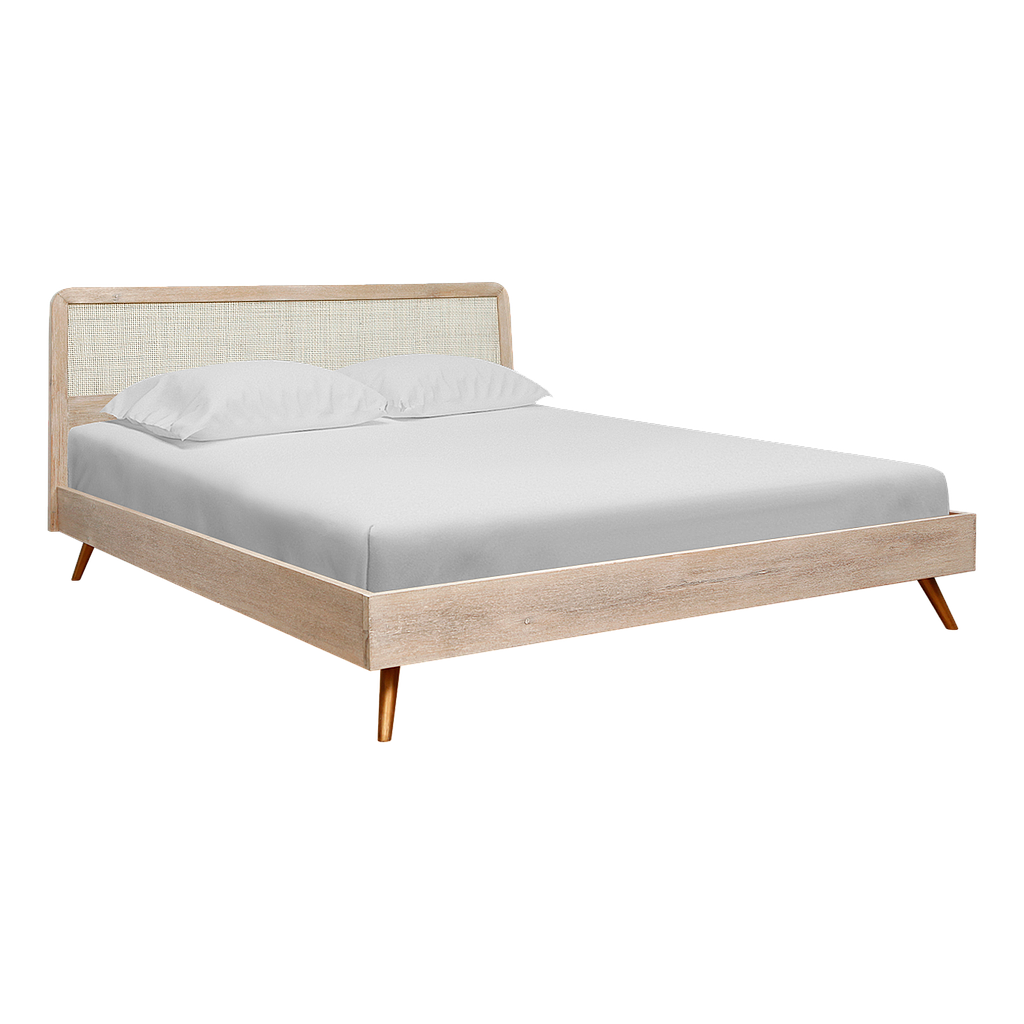 SPRING - Queen size bed (Mattress 160x200) - Whitened acacia, Natural cane and Vintage brass