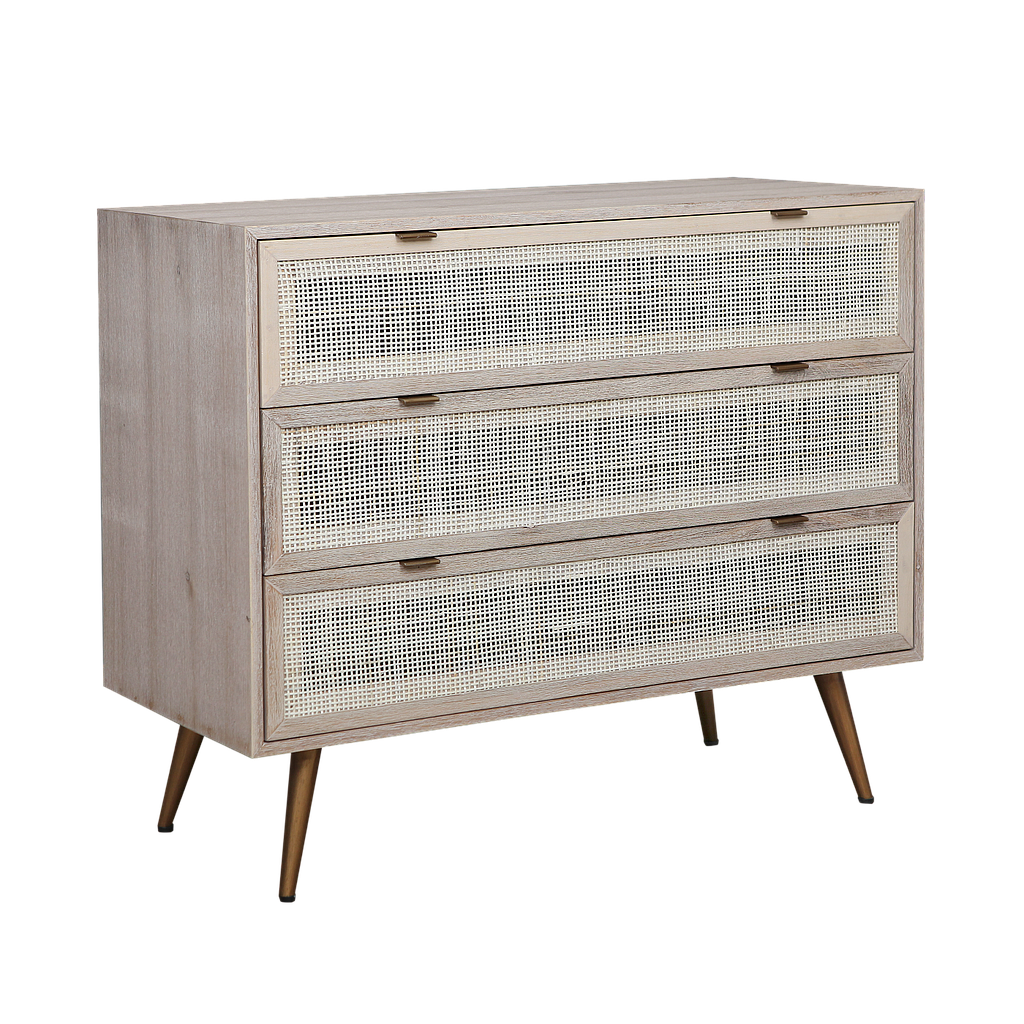 SPRING - Chest of drawer L100 - Whitened acacia, Natural cane and Vintage brass
