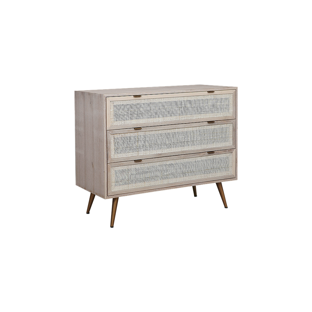 SPRING - Chest of drawer L100 - Whitened acacia, Natural cane and Vintage brass