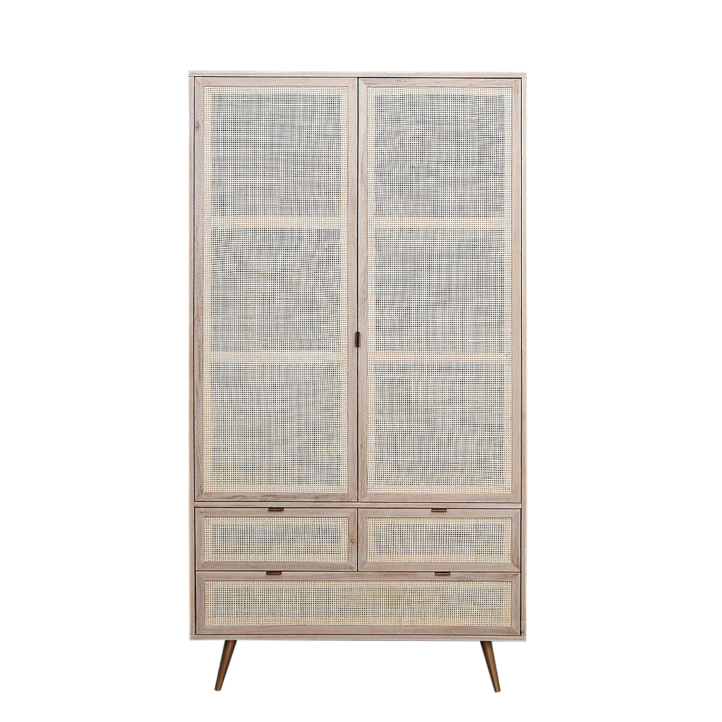 SPRING - Wardrobe L110 x H210 - Whitened acacia, natural cane and metal legs