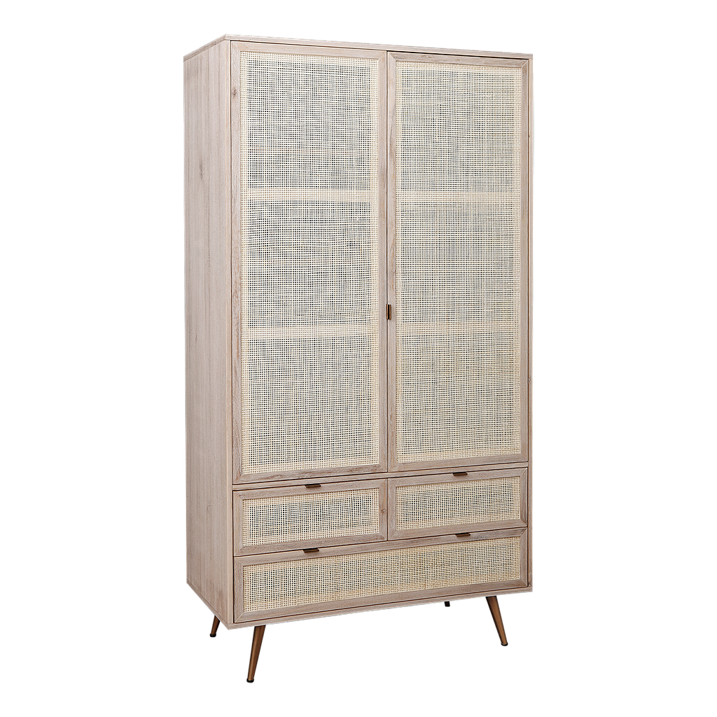 SPRING - Wardrobe L110 x H210 - Whitened acacia, natural cane and metal legs