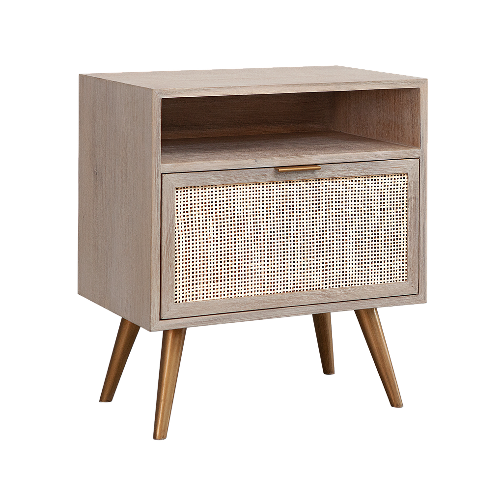 SPRING - Bedside table H61 - Whitened acacia, natural cane and Vintage brass