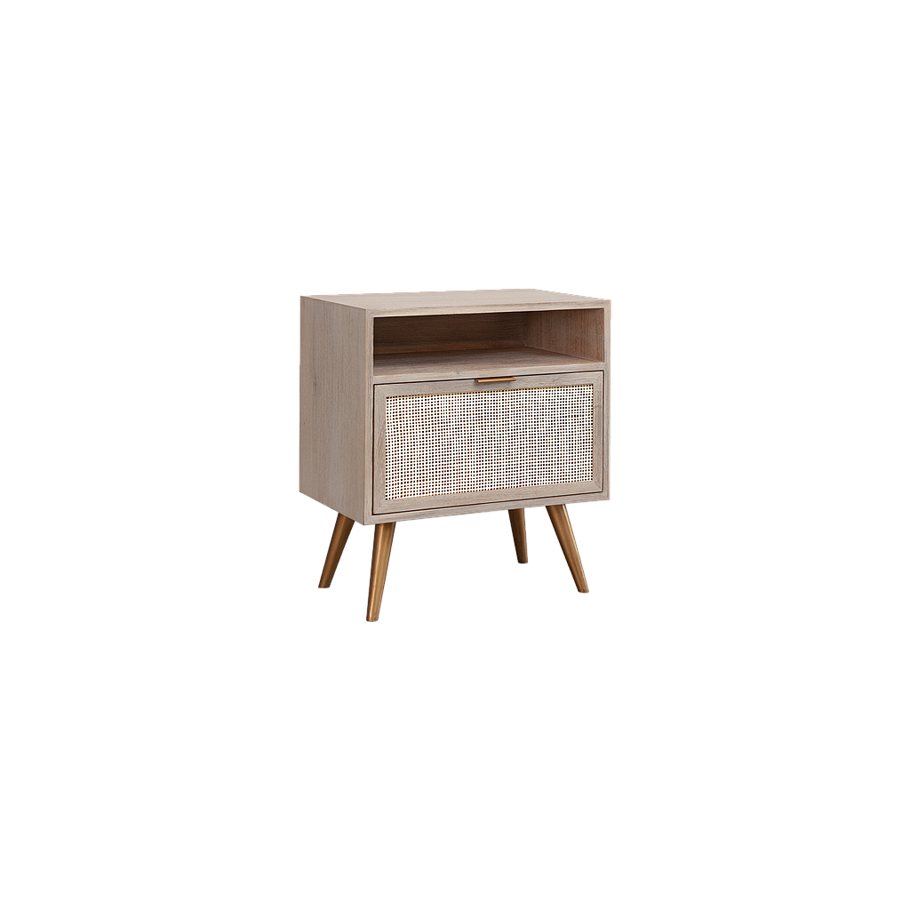 SPRING - Bedside table H61 - Whitened acacia, natural cane and Vintage brass