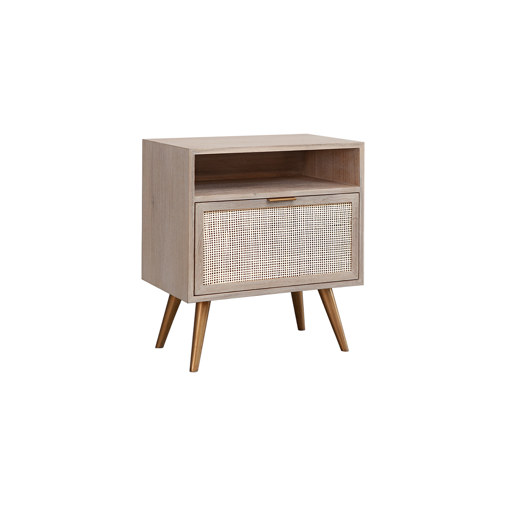 SPRING - Bedside table H61 - Whitened acacia, natural cane and Vintage brass