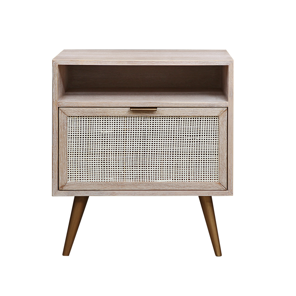 SPRING - Bedside table H61 - Whitened acacia, natural cane and metal legs