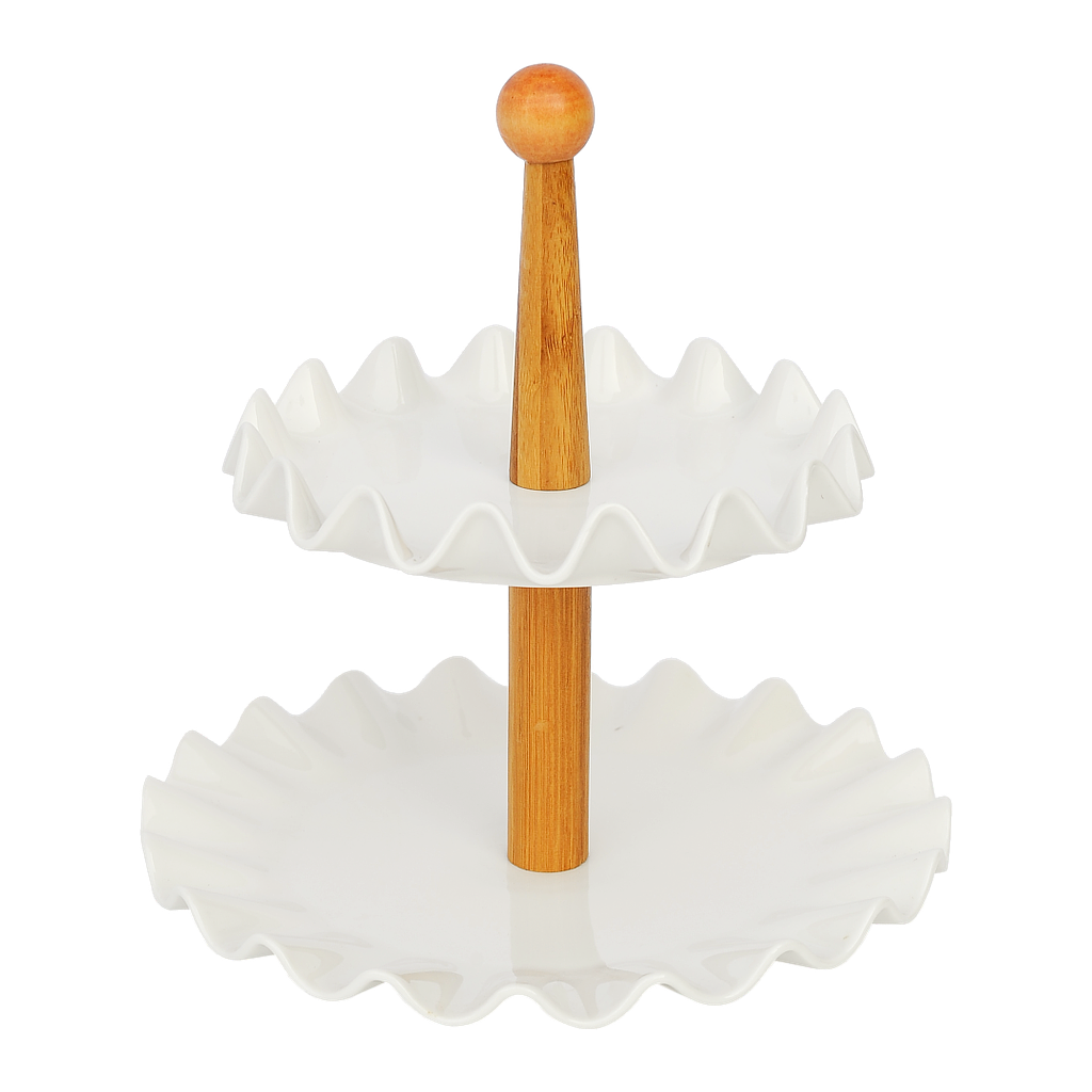 KATY - 2-layer snack tray - White ceramic and bamboo