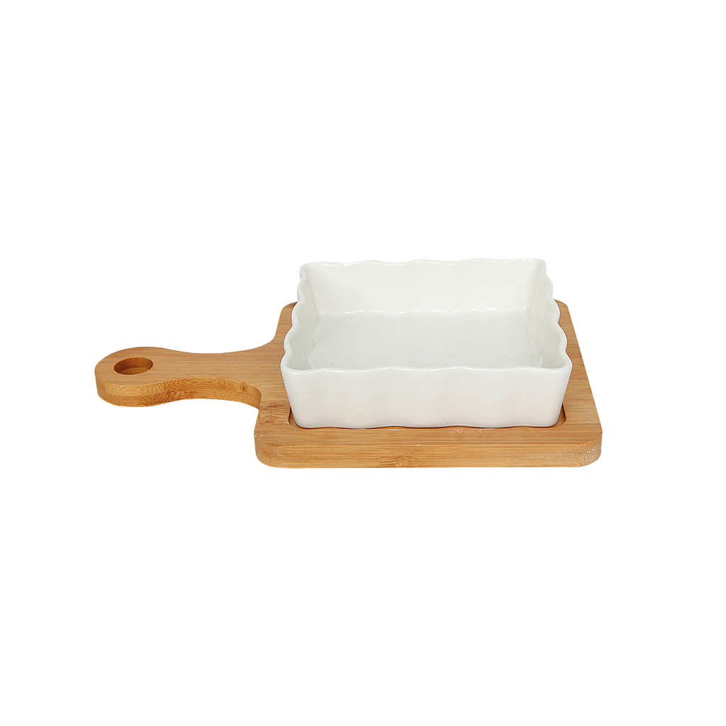 HUGO - Appetizer tray - White ceramic with bamboo base