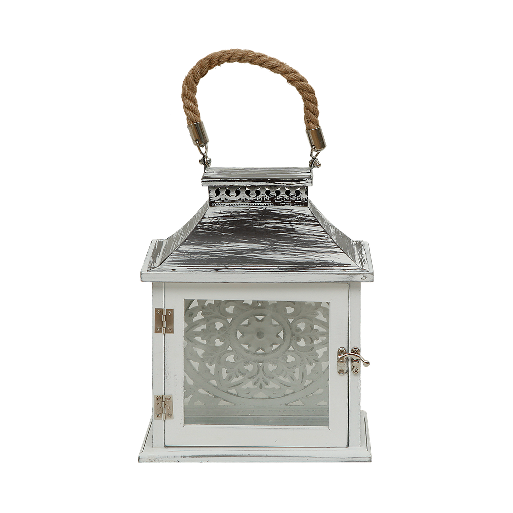 PORT MORANT - Metal and wooden lantern H29 - White and whitened metal