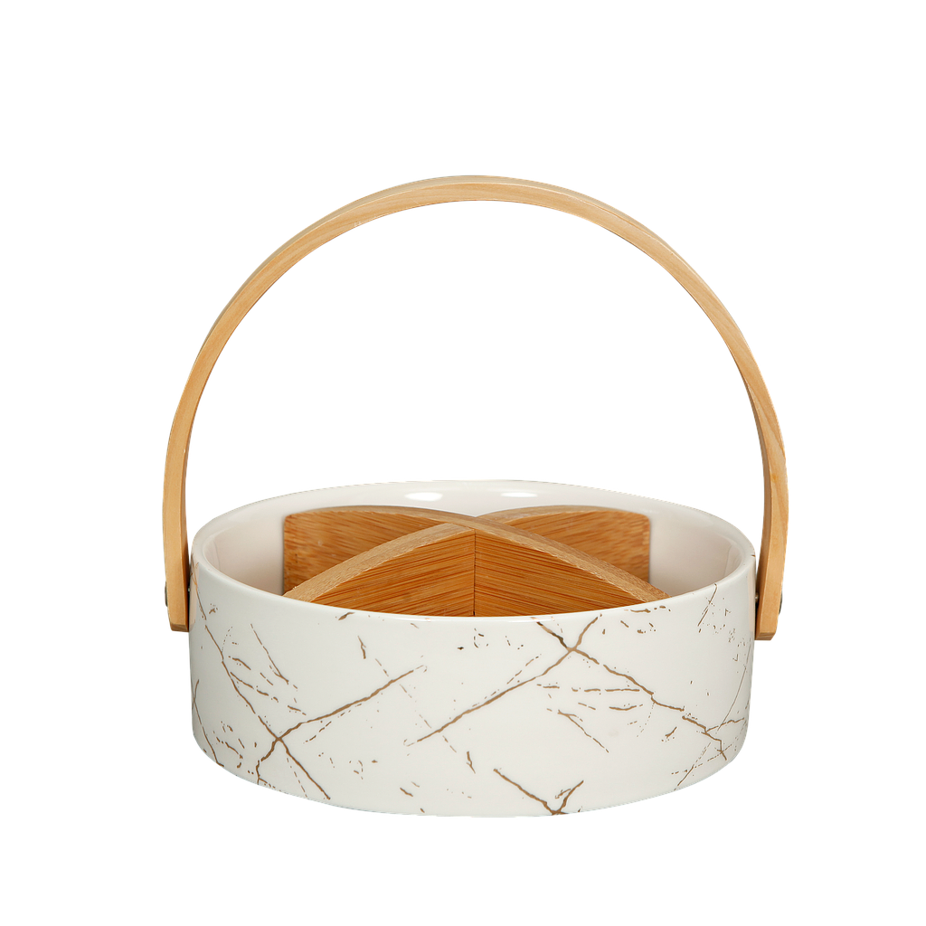 CALEN - Serving tray Diam.18 - Marbled ceramic and natural bamboo