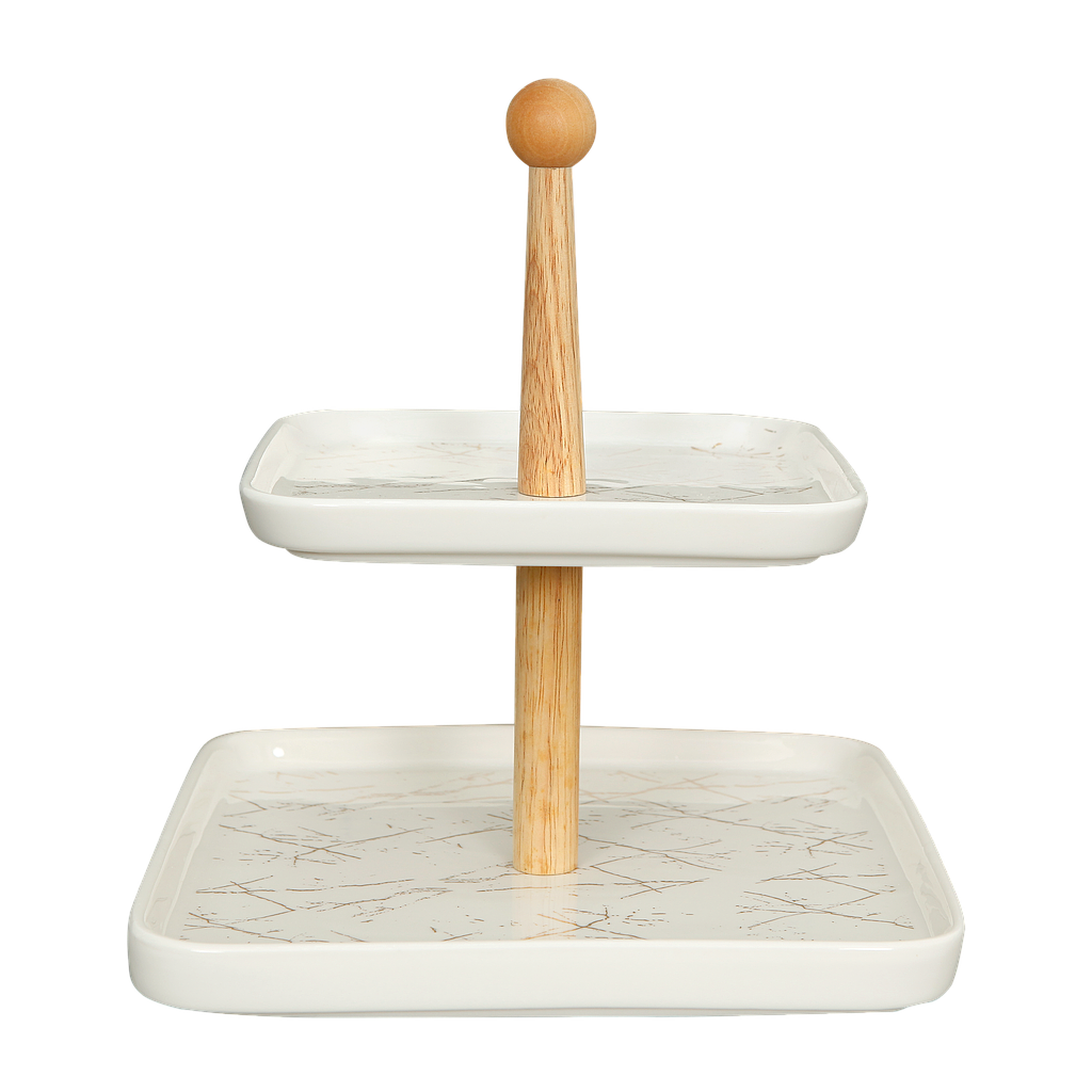 CACAO - 2-layer cake stand H27 - marbled white ceramic and bamboo
