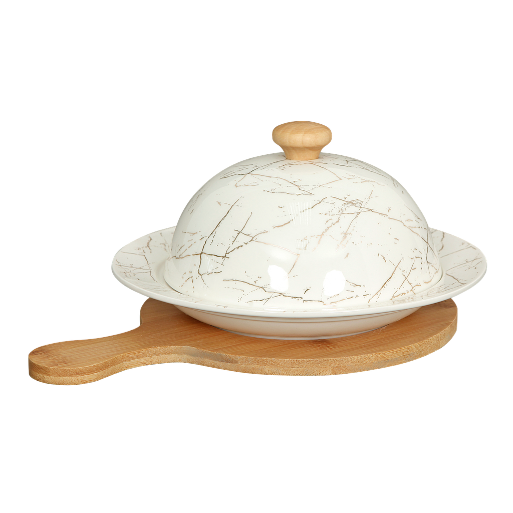BOSSON - Ceramic serving platter Diam23. - Marbled ceramic and natural bamboo