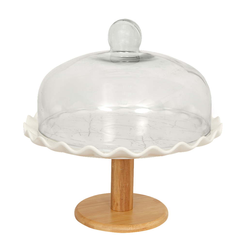DANIEL - Glass cake bell Diam28 - White ceramic and bamboo
