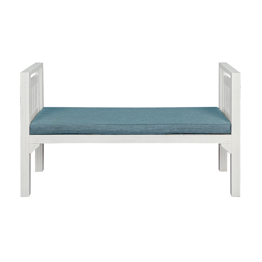 AMBRE - Outdoor bench L120 - Patina white and Blue cushion