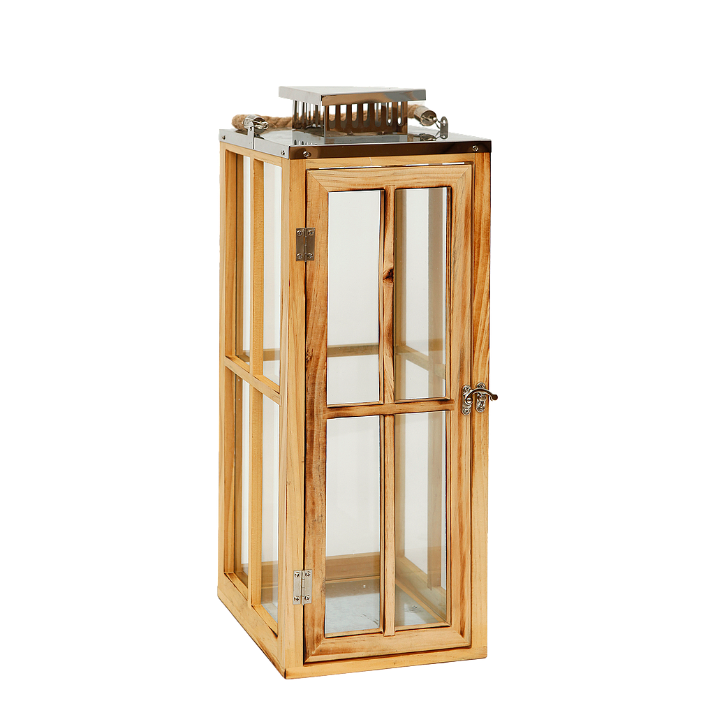 ROTTERDAM - Wooden and metal lantern H49 - Natural wood and silver
