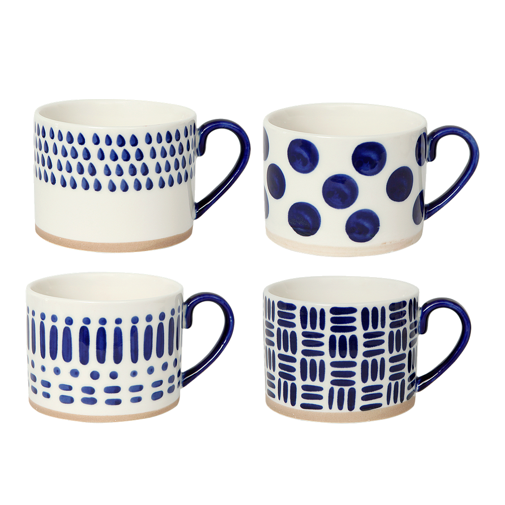 Set of 4 Coffee/Tea mugs Diam.9x H.7 - Blue and White - Mixed designs