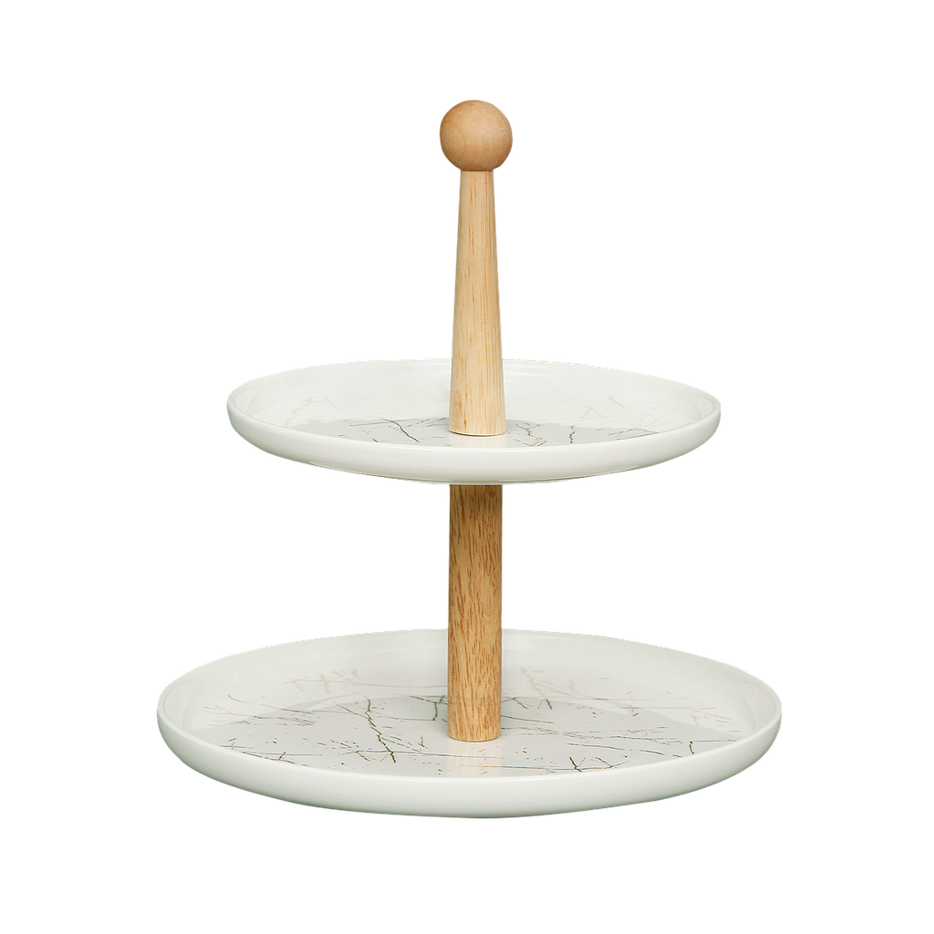 2-layer cake stand H26 - Marbled white ceramic and bamboo